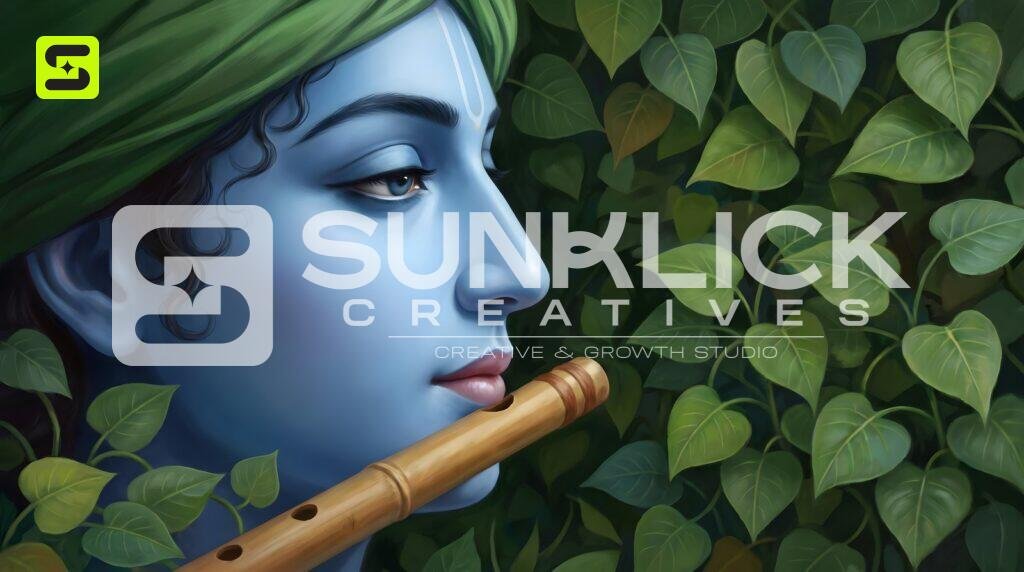 Krishna Playing Flute among Green Leaves 04 – Ultra HD God Photo (Landscape)
