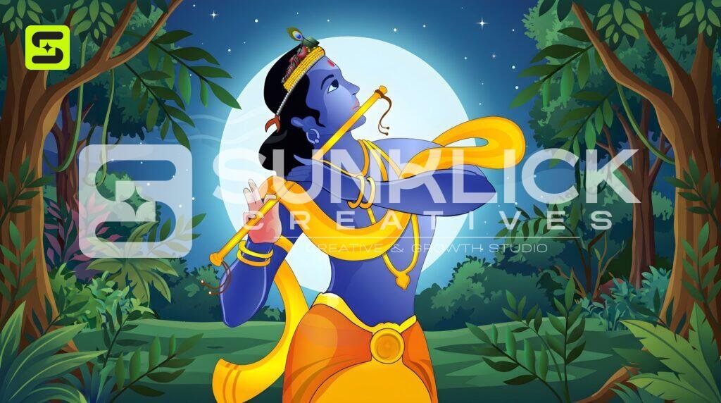 Krishna Playing Flute under the Moon 04 – Ultra HD God Photo (Landscape)
