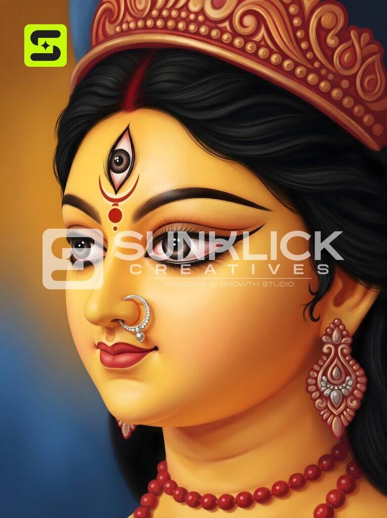 Maa Durga Golden Face with Crown and Nose Ring – Ultra HD God Photo
