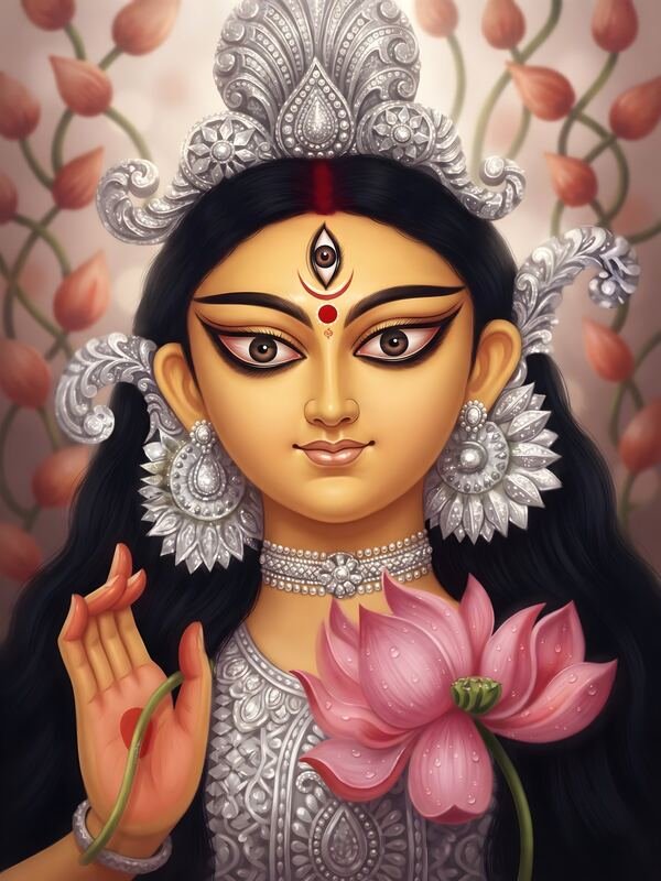 Maa Durga with Silver Crown and Lotus Blessing – Ultra HD God Photo