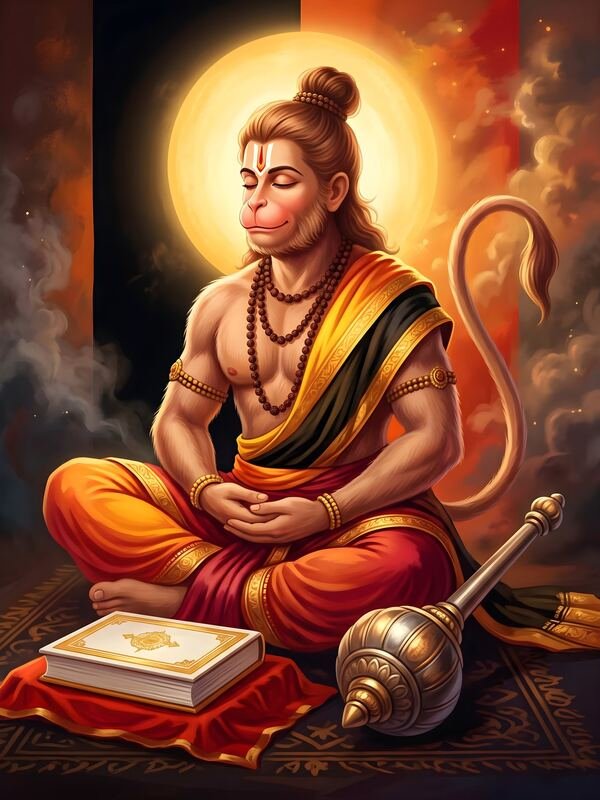 Lord Hanuman Meditating with Gada and Ramayana – Ultra HD God Photo