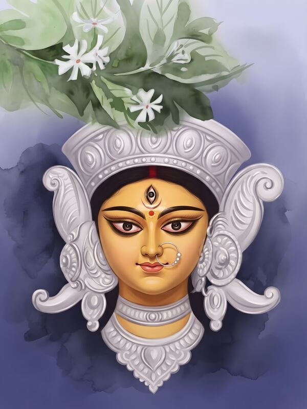 Maa Durga with Silver Crown on Watercolour Blue – Ultra HD God Photo