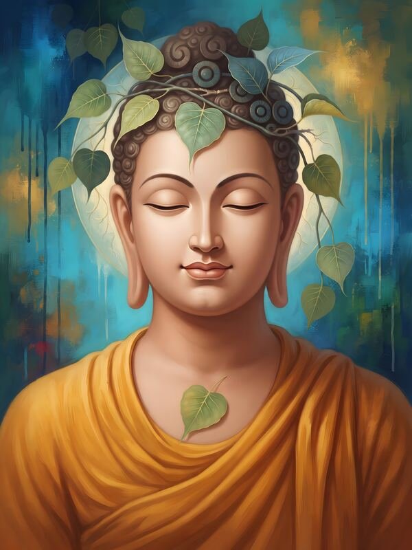 Gautam Buddha with Peepal Leaves on Blue – Ultra HD God Photo