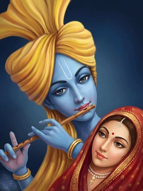 Krishna Playing Flute with Radha in Yellow Turban – Ultra HD God Photo