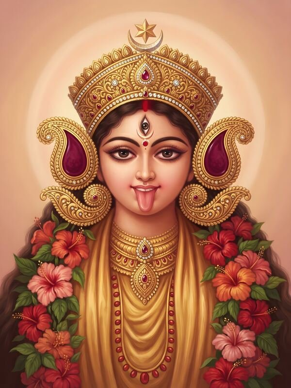 Maa Kali with Golden Crown and Hibiscus Soft Pink – Ultra HD God Photo