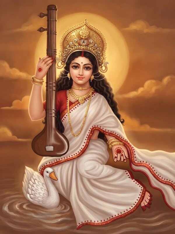 Maa Saraswati with Veena and Swan on Water – Ultra HD God Photo
