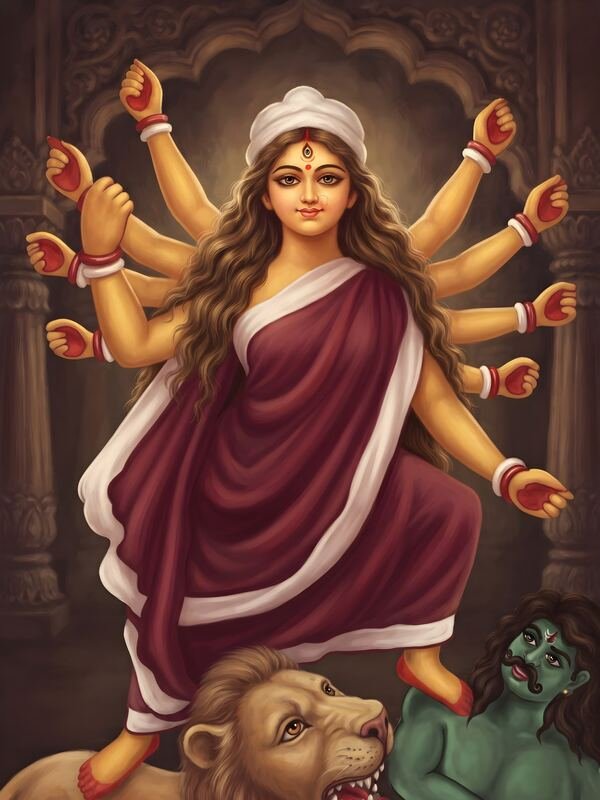 Maa Durga Mahishasura Mardini in Maroon Saree – Ultra HD God Photo