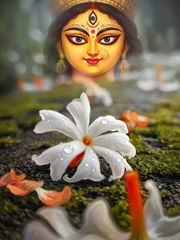 Maa Durga Face with Shiuli Flower – Ultra HD God Photo