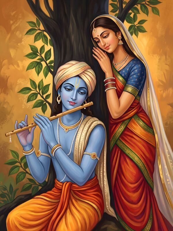 Krishna Playing Flute with Radha by the Tree Golden – Ultra HD God Photo