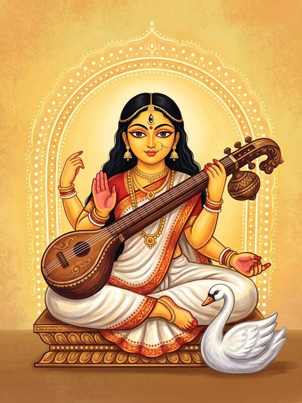 Maa Saraswati with Veena and Swan Folk Art – Ultra HD God Photo