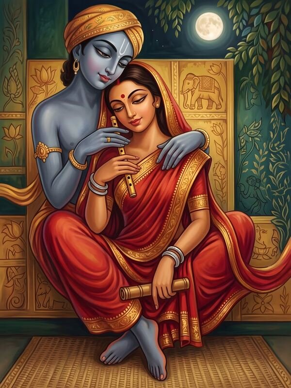 Radha Krishna Embrace in Moonlit Room – Ultra HD God Photo