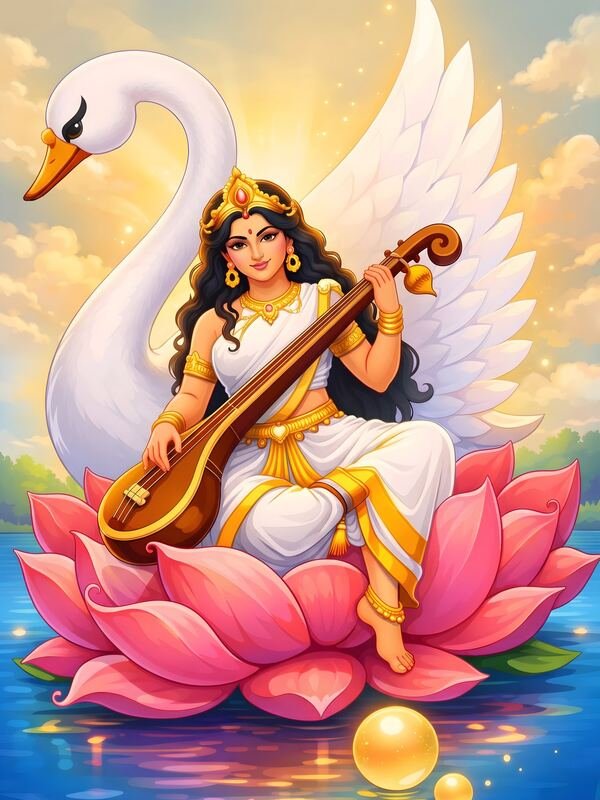 Maa Saraswati on Lotus with Swan Wings – Ultra HD God Photo