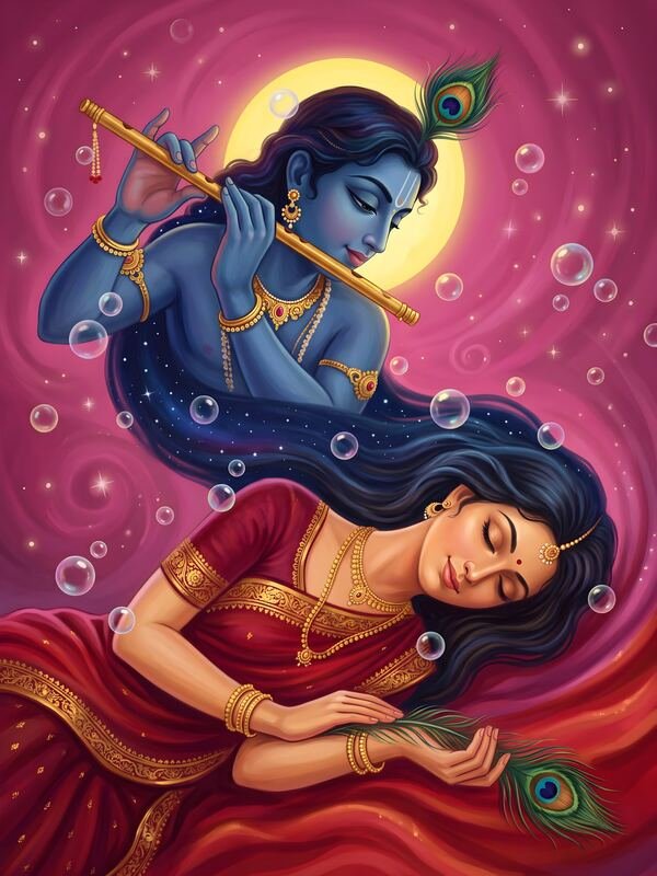 Krishna Playing Flute Above Sleeping Radha Moon – Ultra HD God Photo
