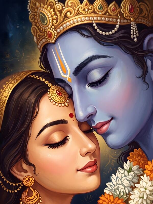 Radha Krishna Close Embrace with Crown – Ultra HD God Photo