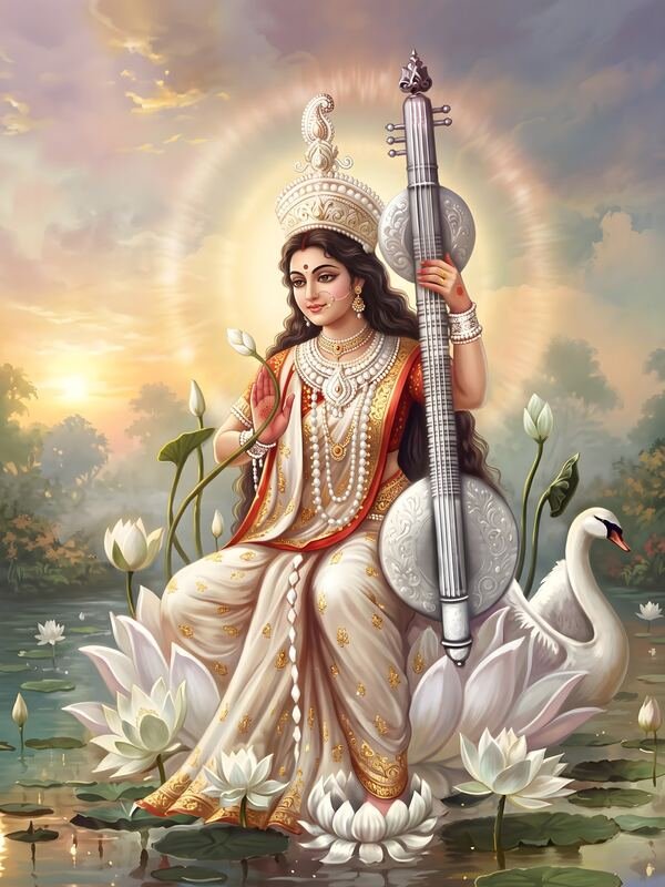 Maa Saraswati with Veena on White Lotus Lake – Ultra HD God Photo