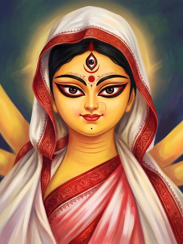 Maa Durga with White Saree Veil Folk Style – Ultra HD God Photo