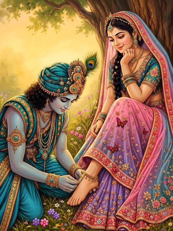 Krishna Tying Radha's Anklet – Ultra HD God Photo