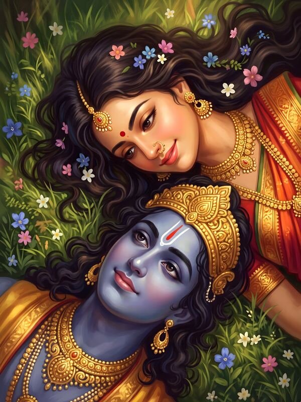 Krishna Resting with Radha in Flower Garden – Ultra HD God Photo