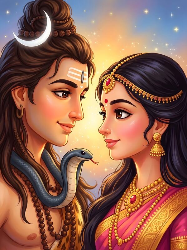 Shiva Parvati Face to Face Cartoon Art – Ultra HD God Photo
