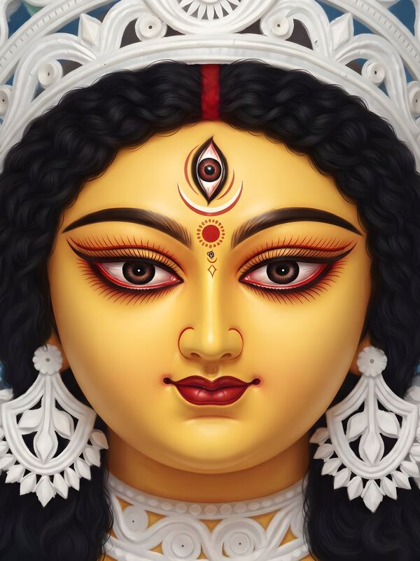 Maa Durga Face with White Shola Crown on Navy Landscape – Ultra HD God Photo (Landscape)