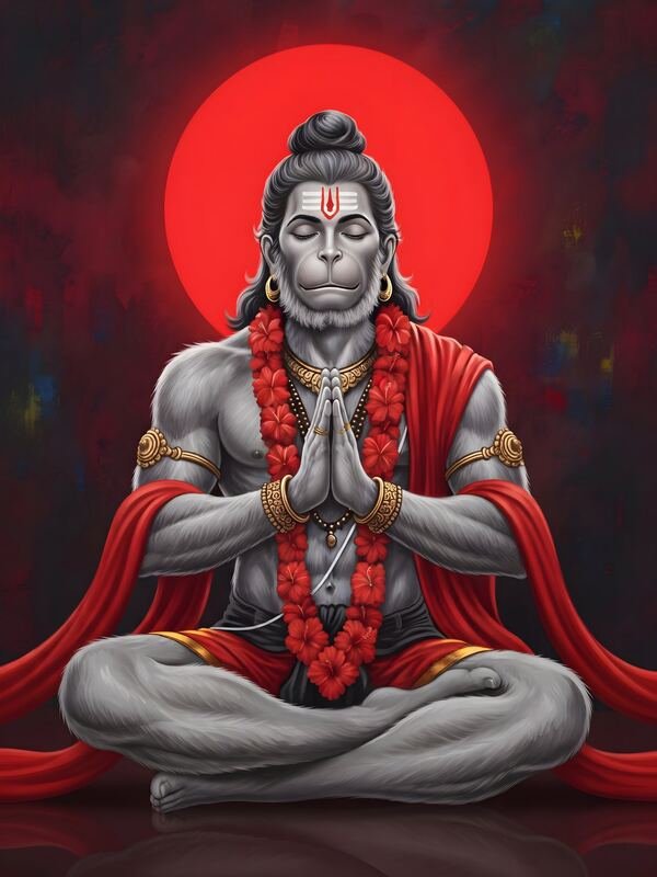 Lord Hanuman Praying with Red Sun Dark – Ultra HD God Photo