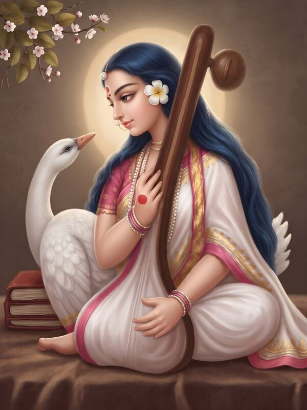 Maa Saraswati with Swan and Veena Side View – Ultra HD God Photo