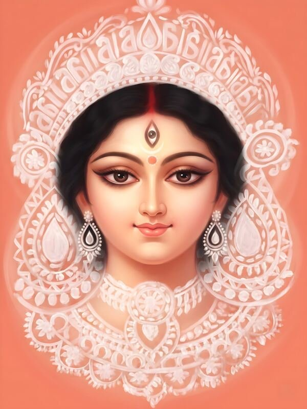 Maa Durga Face with White Shola Frame on Peach – Ultra HD God Photo
