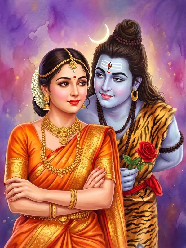 Shiva Parvati Playful Pose on Purple – Ultra HD God Photo