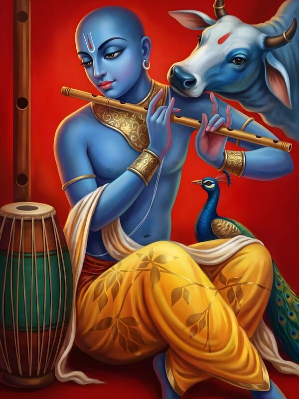 Krishna Playing Flute with Cow and Peacock on Red – Ultra HD God Photo