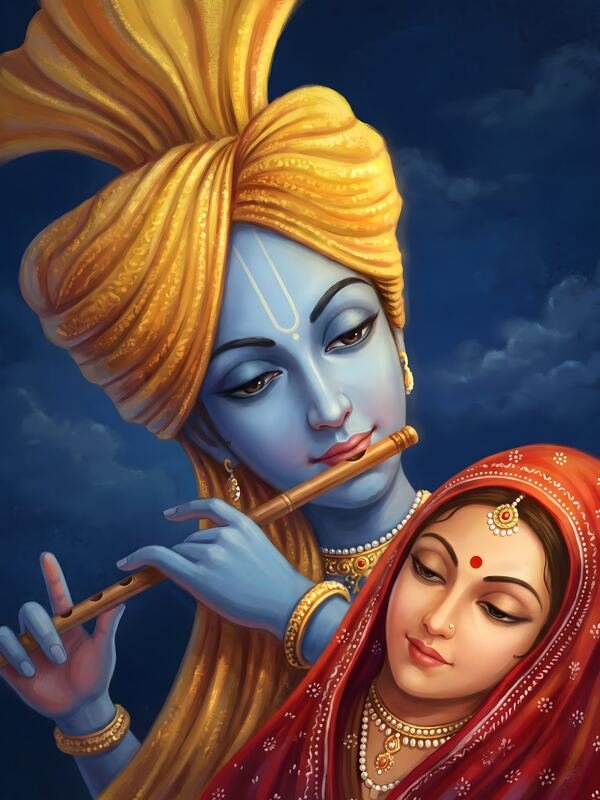 Krishna Playing Flute with Radha Golden Turban – Ultra HD God Photo