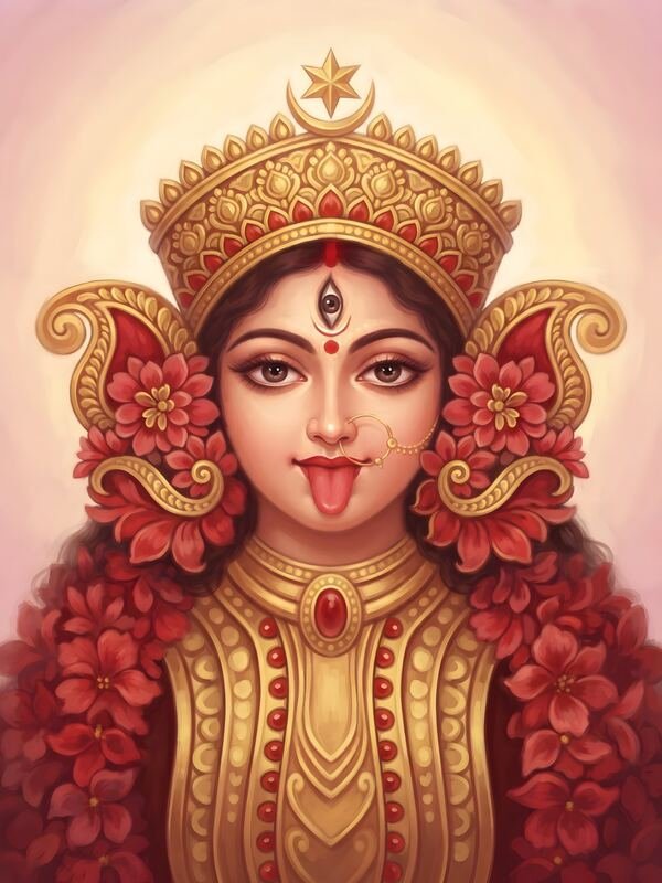 Maa Kali with Golden Crown and Red Flowers – Ultra HD God Photo