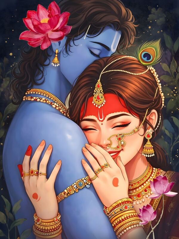 Radha Krishna Embrace with Red Lotus – Ultra HD God Photo