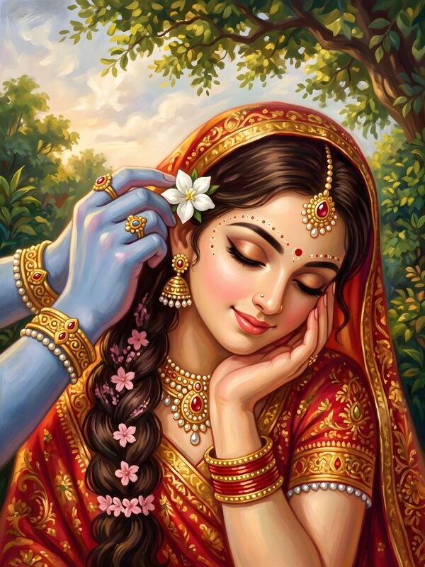 Krishna Placing Flower in Radha's Braid in Red – Ultra HD God Photo
