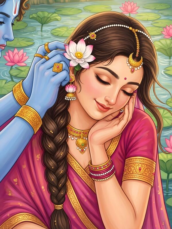 Krishna Placing Lotus in Radha's Hair Pink Saree – Ultra HD God Photo