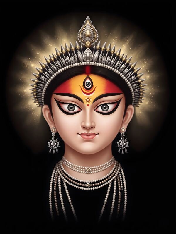 Maa Durga with Silver Crown on Black – Ultra HD God Photo