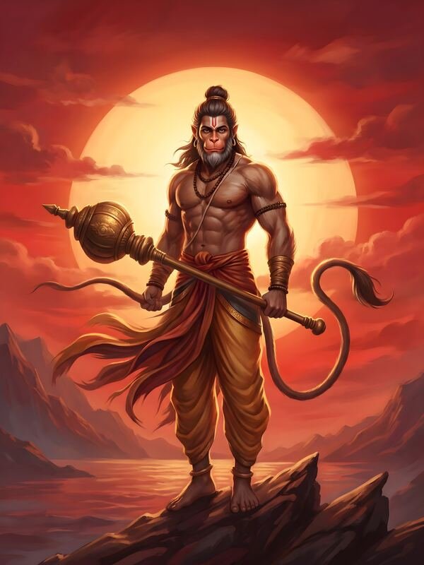 Lord Hanuman with Gada at Red Sunset – Ultra HD God Photo