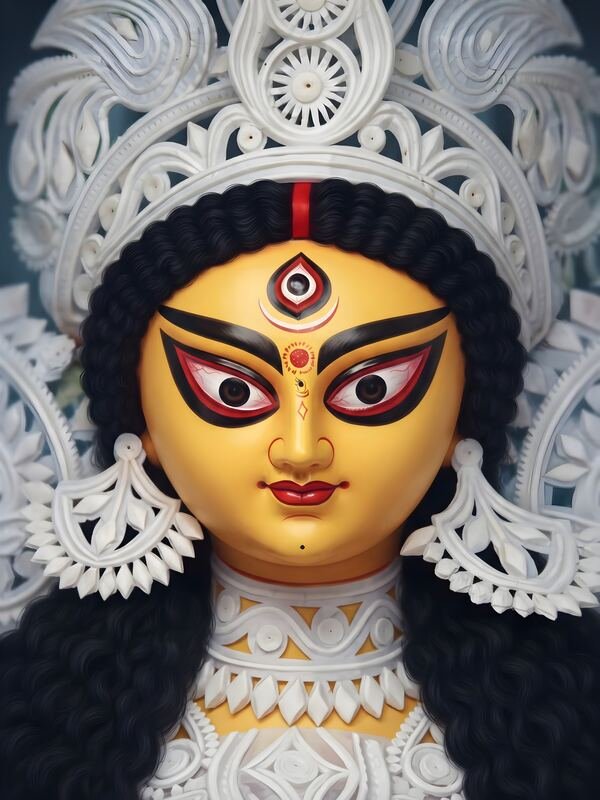 Maa Durga Face with White Shola Crown on Black – Ultra HD God Photo