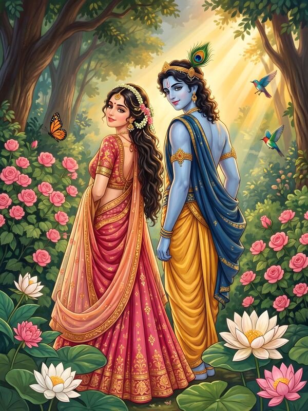 Radha Krishna Walking in Rose Garden – Ultra HD God Photo