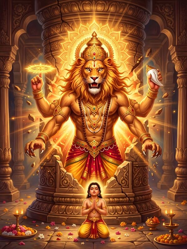 Lord Narasimha on Golden Throne 03 – Ultra HD God Photo