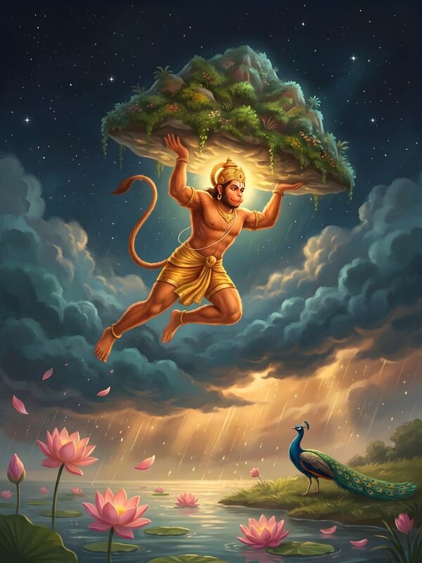 Hanuman Flying with Sanjeevani Mountain – Ultra HD God Photo