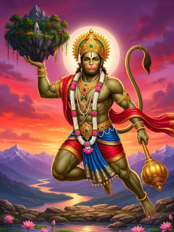 Hanuman Flying with Sanjeevani Mountain 04 – Ultra HD God Photo