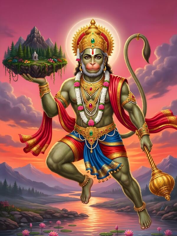 Hanuman Flying with Sanjeevani Mountain 05 – Ultra HD God Photo