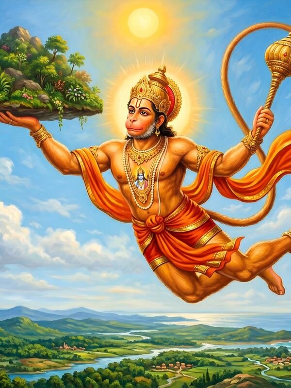 Hanuman Flying with Sanjeevani Mountain 07 – Ultra HD God Photo (Landscape)