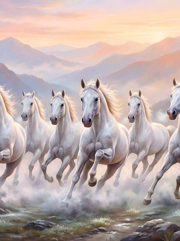 Seven White Horses Running in Water 02 – Ultra HD Wall Art (Landscape)