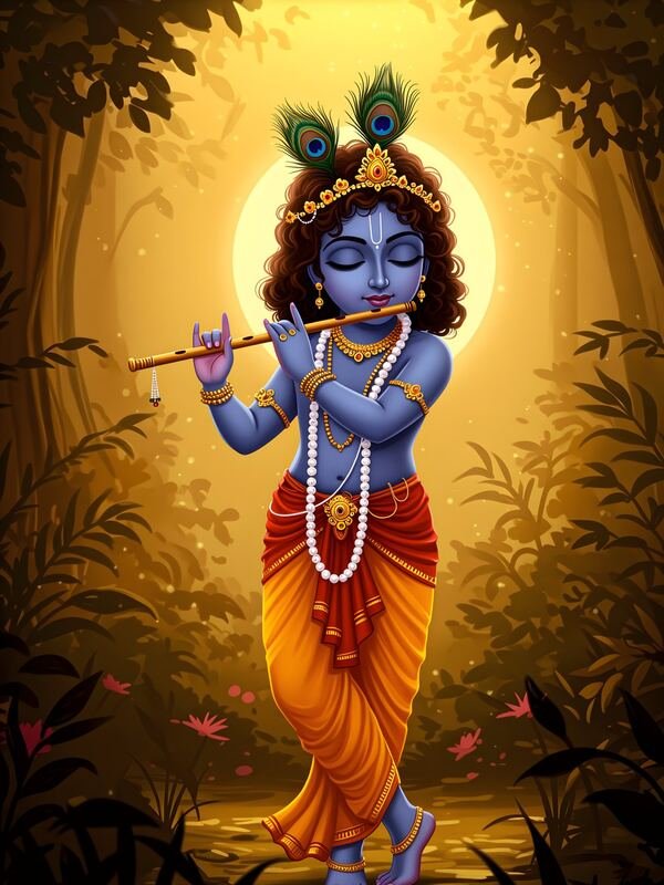 Krishna Playing Flute in Golden Light – Ultra HD God Photo