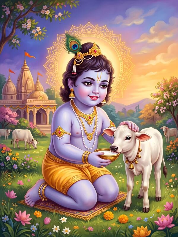 Bal Krishna with Calf 02 – Ultra HD God Photo