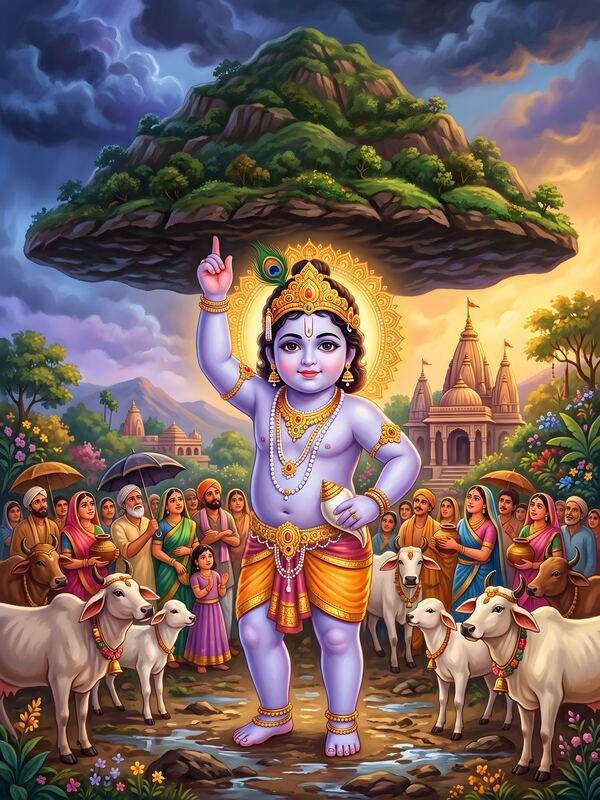Krishna Lifting Govardhan Hill 02 – Ultra HD God Photo