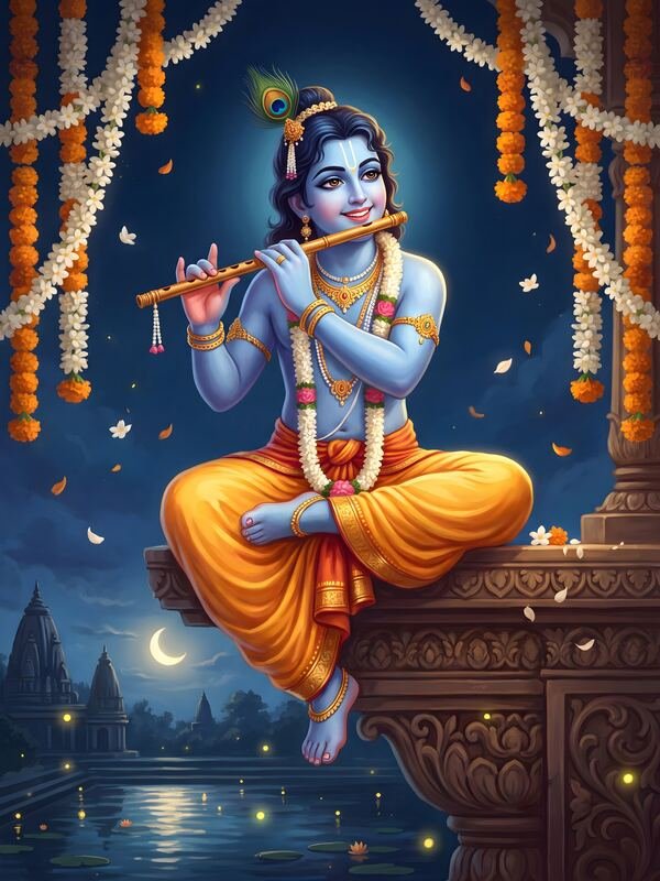Krishna Playing Flute at Night – Ultra HD God Photo