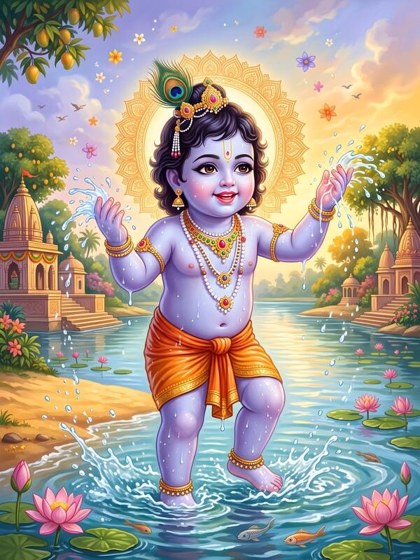 Bal Krishna Playing in Water 02 – Ultra HD God Photo