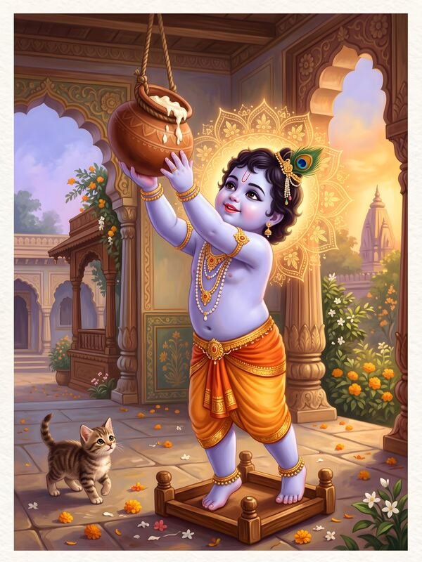 Bal Krishna Reaching the Makhan Pot – Ultra HD God Photo